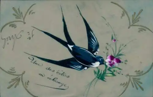Zelluloid Ak Schwalbe im Flug, Blume, Stiefmütterchen