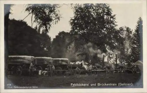 Ak Galizien, Feldbäckerei, Brückentrain, Soldaten, I. WK