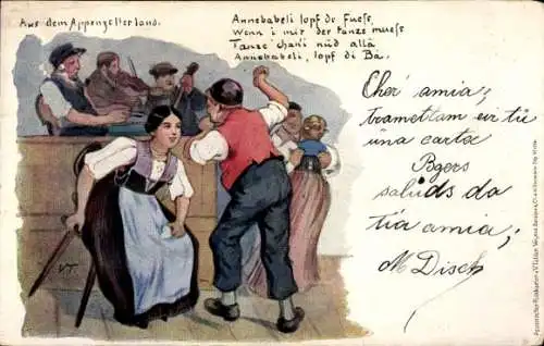 Künstler Litho Appenzell Schweiz, Tanzende Menschen, Musiker