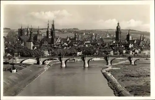 Ak Würzburg am Main Unterfranken, Teilansicht, Brücke, Kirche