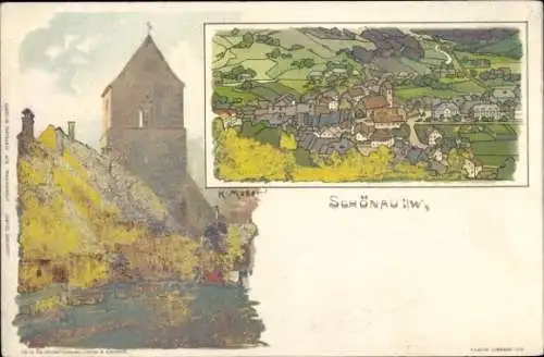 Künstler Litho Mutter, K., Schönau im Schwarzwald, Totalansicht mit Kirche