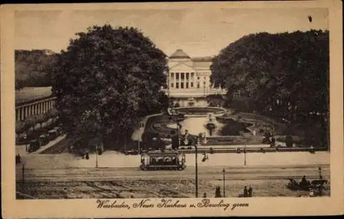 Ak Wiesbaden in Hessen, Neues Kurhaus, Bowling green, Straßenbahn