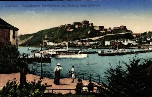 Ak Koblenz am Rhein, Ausgefahrene Schiffsbrücke und Festung Ehrenbreitstein