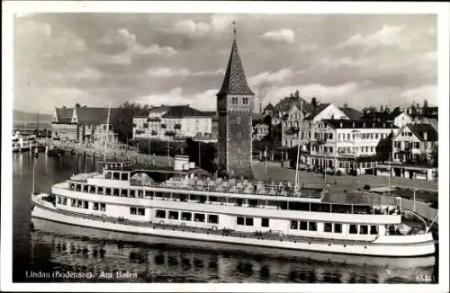 Ak Lindau am Bodensee Schwaben, Dampfschiff, Hafen, Hotel