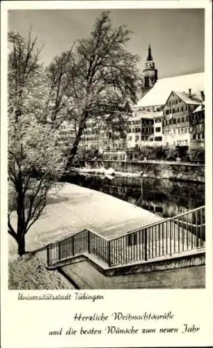 Ak Tübingen am Neckar, Treppen, Fluss, Glückwunsch Neujahr und Weihnachten