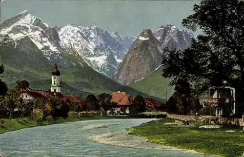 Ak Garmisch Partenkirchen in Oberbayern, Loisach, Teilansicht, Alspitze, Zugspitze