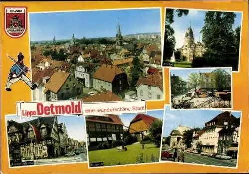 Ak Detmold in Nordrhein Westfalen, Wappen, Schloss, Markt, Museum, Krummestraße