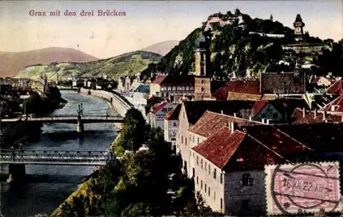 Ak Graz Steiermark, Panorama, Schlossberg, drei Brücken