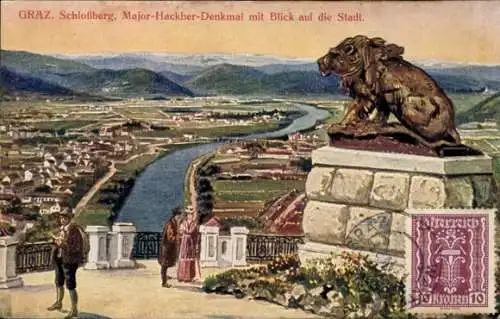 Künstler Ak Graz Steiermark, Panorama, Schlossberg, Major Hackher-Denkmal