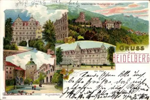 Litho Heidelberg am Neckar, Schloss von der Hirschgasse, Ruprechtbau, Post