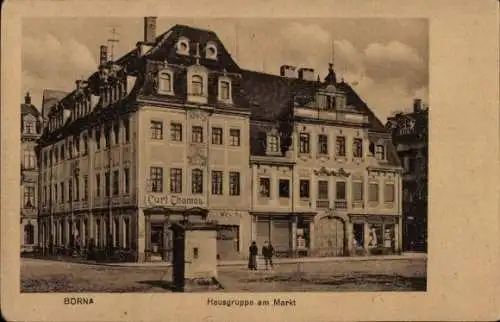 Ak Borna in Sachsen, Hausgruppe am Markt, Geschäft Carl Thomas