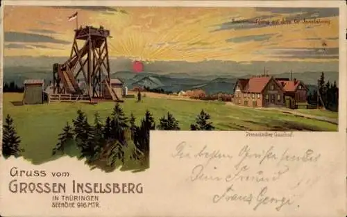 Litho Brotterode in Thüringen, Großer Inselsberg, Preußischer Gasthof, Sonnenaufgang