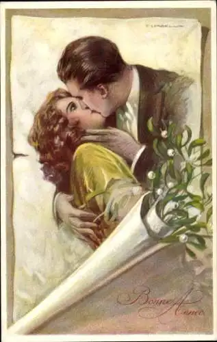 Künstler Ak Corbella, T., Glückwunsch Neujahr, Misteln, küssendes Liebespaar