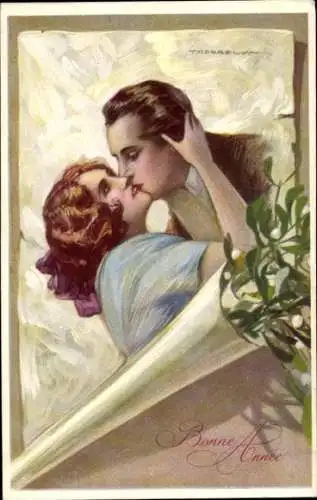 Künstler Ak Corbella, T., Glückwunsch Neujahr, Misteln, küssendes Liebespaar