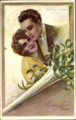 Künstler Ak Corbella, T., Glückwunsch Neujahr, Misteln, Liebespaar