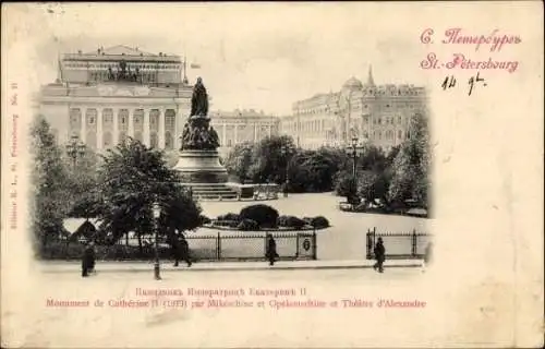 Ak Sankt Petersburg Russland, Monument de Catherine II, Theatre d'Alexandre