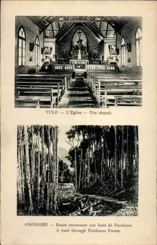 Ak Ononghe Papua-Neuguinea, Die Kirche, Straße durch einen Pandanus-Wald