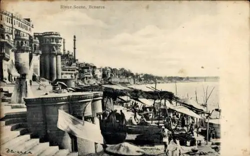 Ak Varanasi Benares Indien, Flussszene