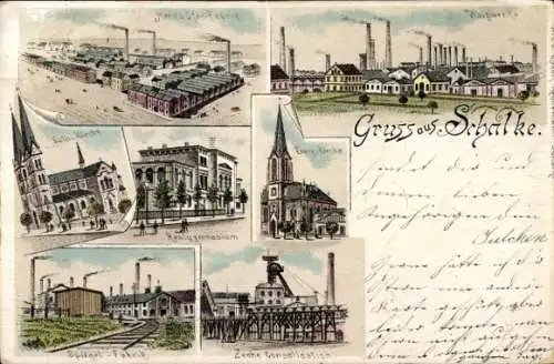 Litho Schalke Gelsenkirchen im Ruhrgebiet, Katholische Kirche, Realgymnasium, Zeche, Spiegel-Fabrik