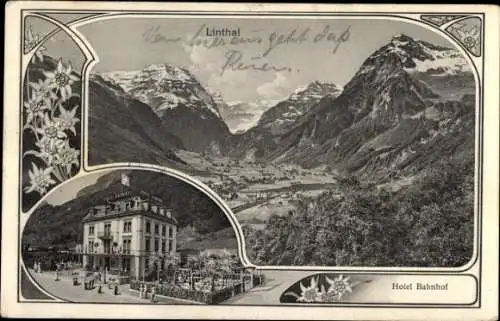 Ak Linthal Glarus Kanton Glarus Schweiz, Gesamtansicht, Hotel Bahnhof, Edelweiß