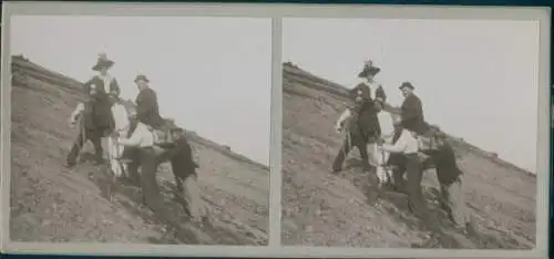 Stereo Foto Vesuv Campania, um 1910, Vulkan, Besteigung, Frau wird getragen