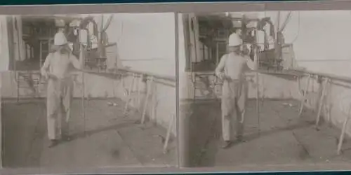 Stereo Foto Mann auf einem Schiff vor der Küste Gambias, um 1915