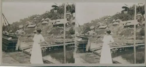 Stereo Foto Guyana, Frau mit Papagei auf der Hand, Dorfpartie, Bootsanlegestelle