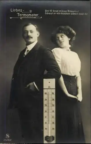 Set von 7 AK Liebespaar mit Liebesthermometer Humor Spruch
