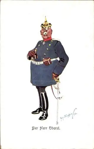 Künstler Ak Schönpflug, Fritz, Herr Oberst, Uniform, Pickelhaube, Karikatur