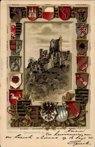 Präge Wappen Litho Königswinter am Rhein, Drachenfels, Burgruine