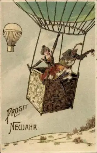 Präge Ak Glückwunsch Neujahr, Frau mit Sektglas, Musiker, Ballonflug