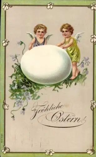 Präge Ak Glückwunsch Ostern, Engel, Osterei, Blumen