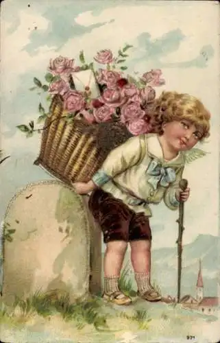 Präge Ak Engel, Korb mit Rosen, Gehstock, Kitsch