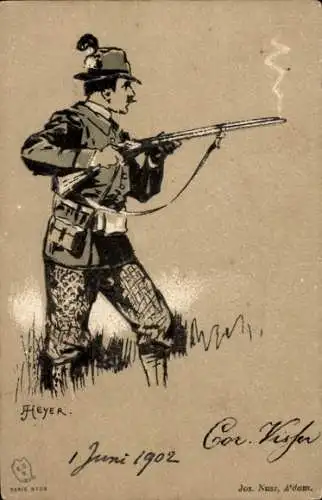 Präge Künstler Ak Heyer, Jäger, Gewehr, Jagd