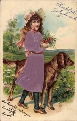 Präge Stoff Litho Glückwunsch, Mädchen, Blumen, Brauner Hund