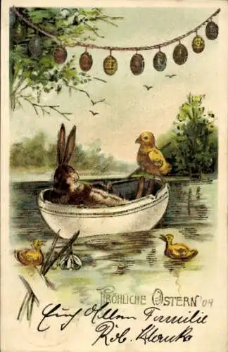 Präge Litho Glückwunsch Ostern, Hase und Küken im Ruderboot, Ostereier, Teich