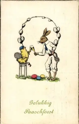 Präge Ak Glückwunsch Pfingsten, Küken und Hase nach dem Tennisspiel, Weidenkätzchen