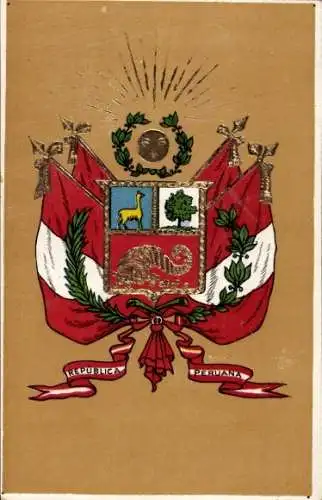 Präge Wappen Ak Peru, Fahnen, Kranz, Sonne