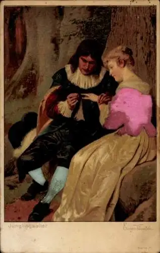 Präge Stoff Künstler Ak Klimsch, E., Jünglingsalter, Liebespaar, Geschenk, Ring