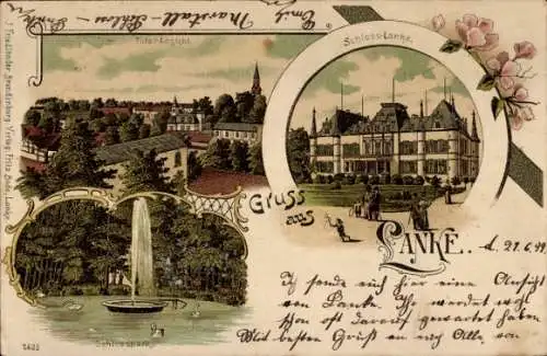 Litho Lanke Wandlitz im Kreis Barnim, Totalansicht, Schloss Lanke, Fontäne im Schlosspark