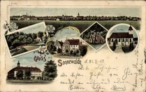 Litho Sonnewalde in der Niederlausitz, Gesamtansicht, Schloss, Kirche