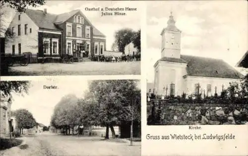 Ak Wietstock Ludwigsfelde in Brandenburg, Gasthof zum Deutschen Haus, Dorfstraße, Kirche