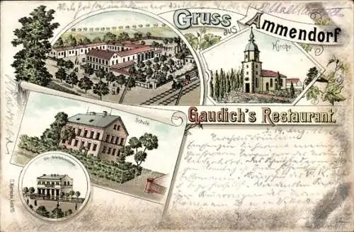 Litho Ammendorf Halle an der Saale, Gaudichs Restaurant, Kirche, Schule