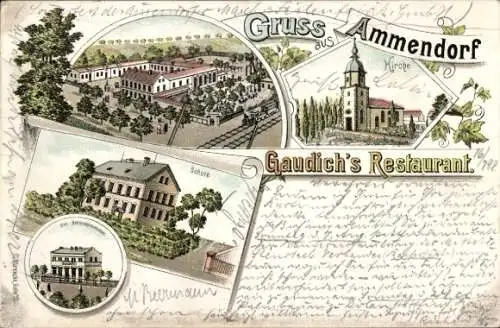 Litho Ammendorf Halle an der Saale, Gaudichs Restaurant, Kirche, Schule