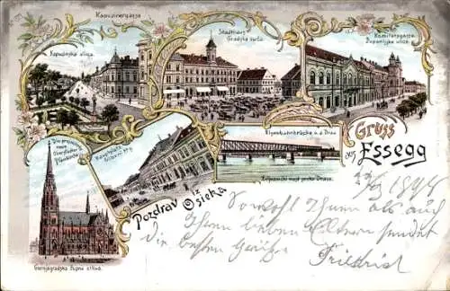 Litho Osijek Essegg Kroatien, Komitatsgasse, Stadthaus, Kapuzinergasse, Eisenbahnbrücke