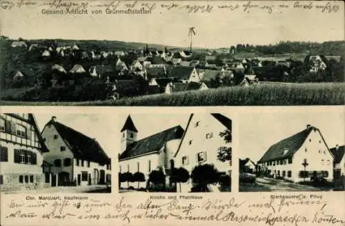 Ak Grünmettstetten Horb am Neckar, Chr. Marquart Kaufmann, Kirche, Pfarrhaus, Bierbrauerei Pflug