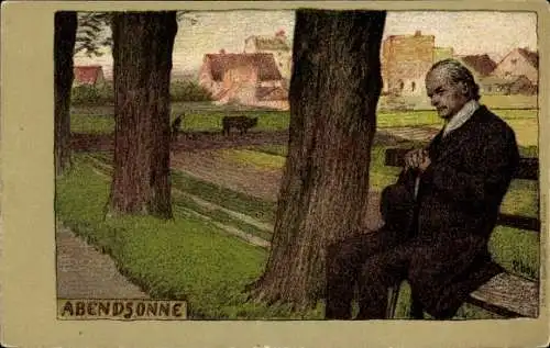 Künstler Litho Hey, Paul, Alter Mann auf einer Sitzbank, Ackerfeld