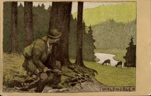 Künstler Litho Hey, Paul, Waldmorgen, Jäger