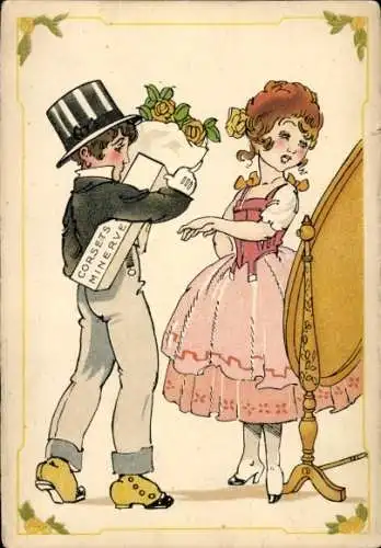 Ak Liebespaar, Geschenk, Junge, Zylinder, Werbung Le Minerve