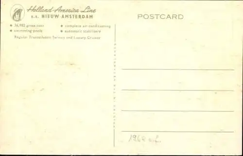 Ak Passagierschiff, SS Nieuw Amsterdam, Holland America Line
